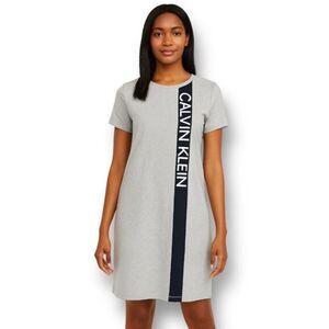 Calvin Klein M Gray Cotton Stretch Logo T-Shirt Dress Casual Shift Short Sleeve